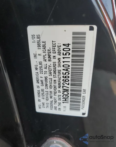 2005 Honda Accord Ex z USA, uszkodzony, nr VIN 1HGCM72665A011504